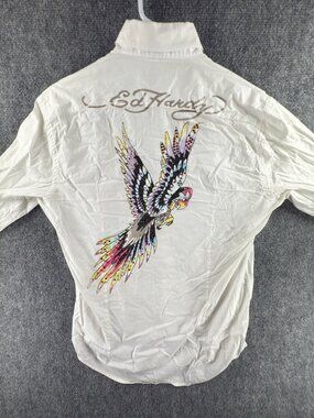 Ed Hardy Shirt Medium Cotton Stretch Long Sleeve White Graphic Bird Glitter